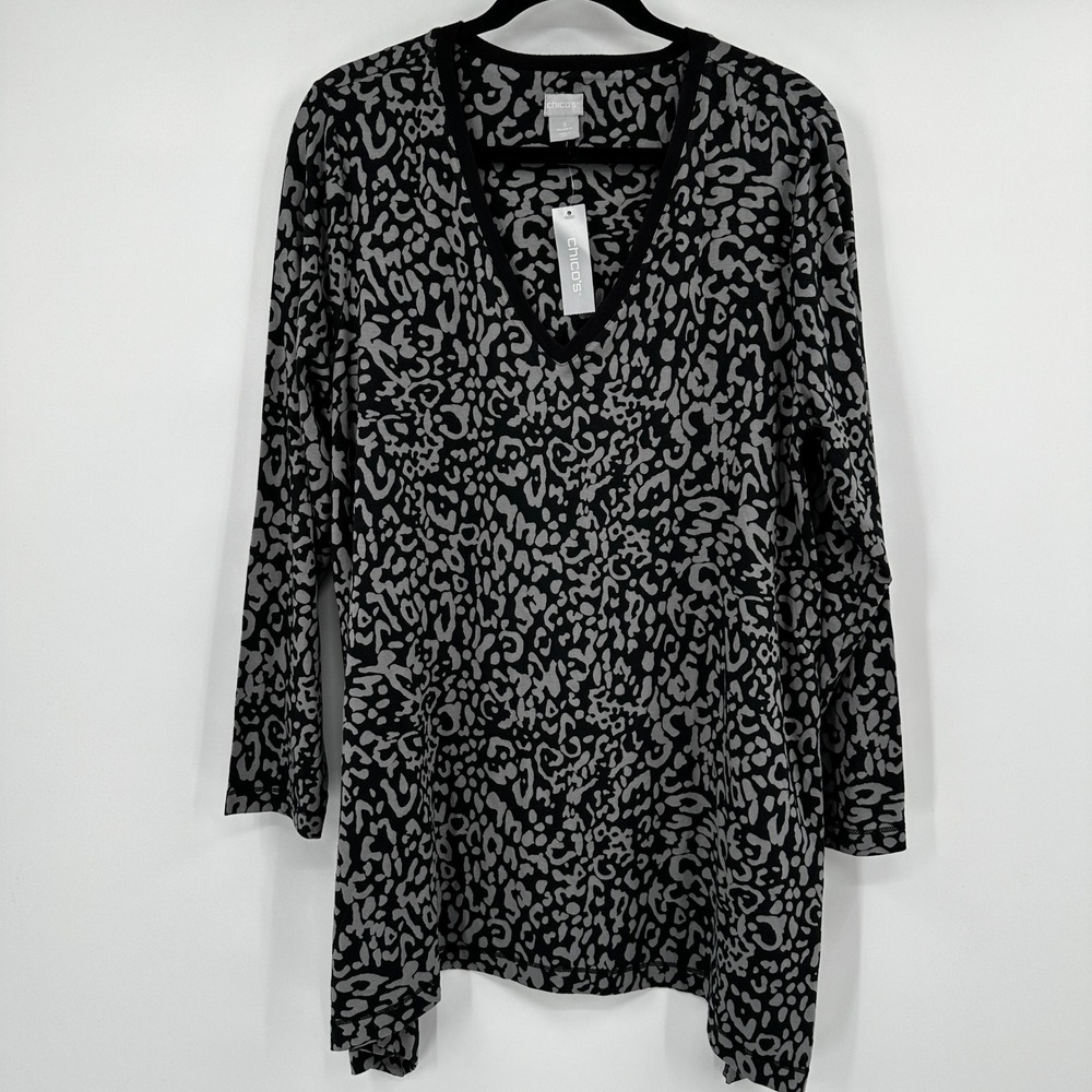 Chicos Alpine Leo Rib Trim Tunic Top Womens 3 XL Grey Black Animal Leopard Pima